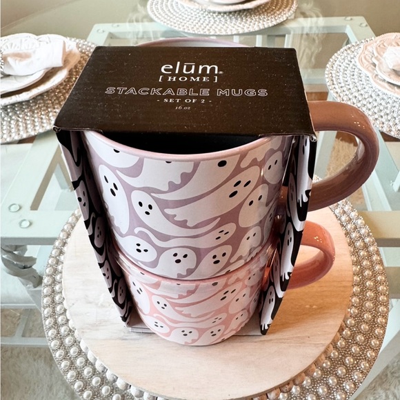🩷 PASTEL PINK + PURPLE Ghost Mug Set Stackable Halloween Mugs NEW Elum Home - Picture 5 of 6